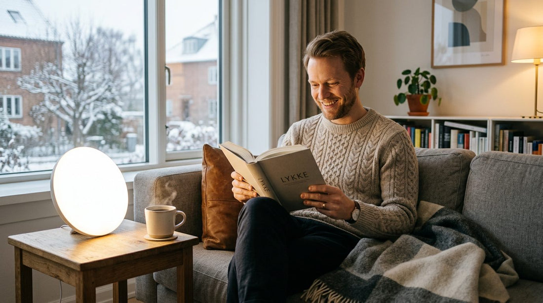Mand læser i sofaen en vintermorgen ved siden af en lysterapilampe